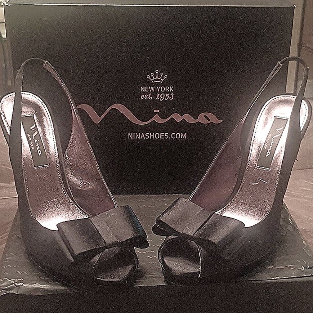 Black Satin Peep Toe Evening Shoe